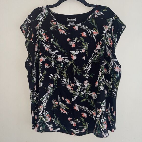 Van Heusen Floral Top Womens Plus Size XXL Mix Media Flowy Black Short Sleeves - Picture 1 of 7